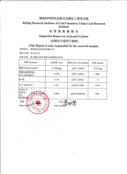 母嬰煤質炭檢驗報告